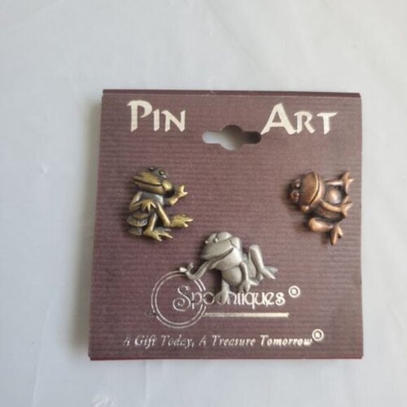 Spoontiques Frogs Tac Pin Art 3 Frogs in Bronze and Silver Collection Jewelry - Picture 2 of 6